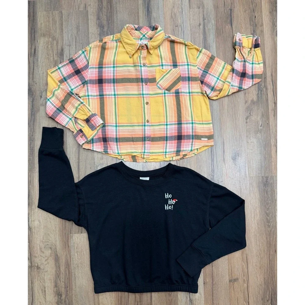 Girls Justice Plaid Shirt 12/14 + Cozie XS Ho Ho Ho Sweatshirt Lot